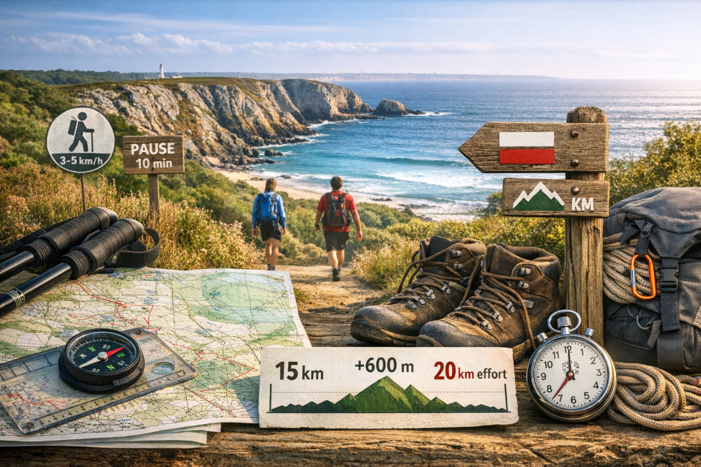 Équivalences distance & randonnée sur un sentier côtier en Bretagne avec dénivelé et balisage
